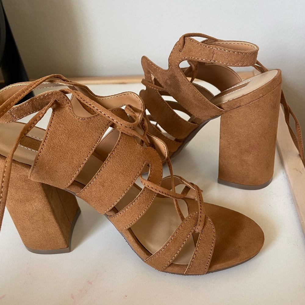 Miss Lola Tan Suede Lace-Up Heels